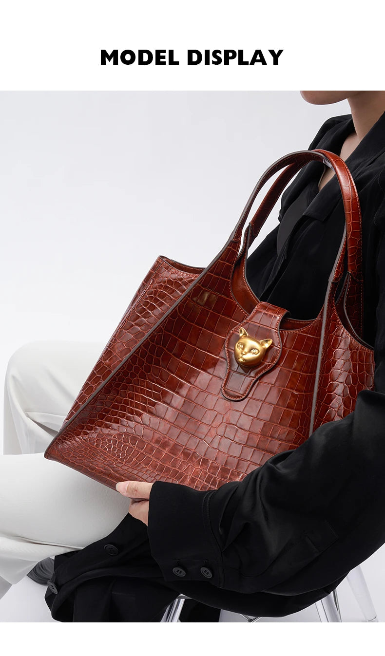 Crocodile Pattern Genuine Leather Tote – Business Commuter Style