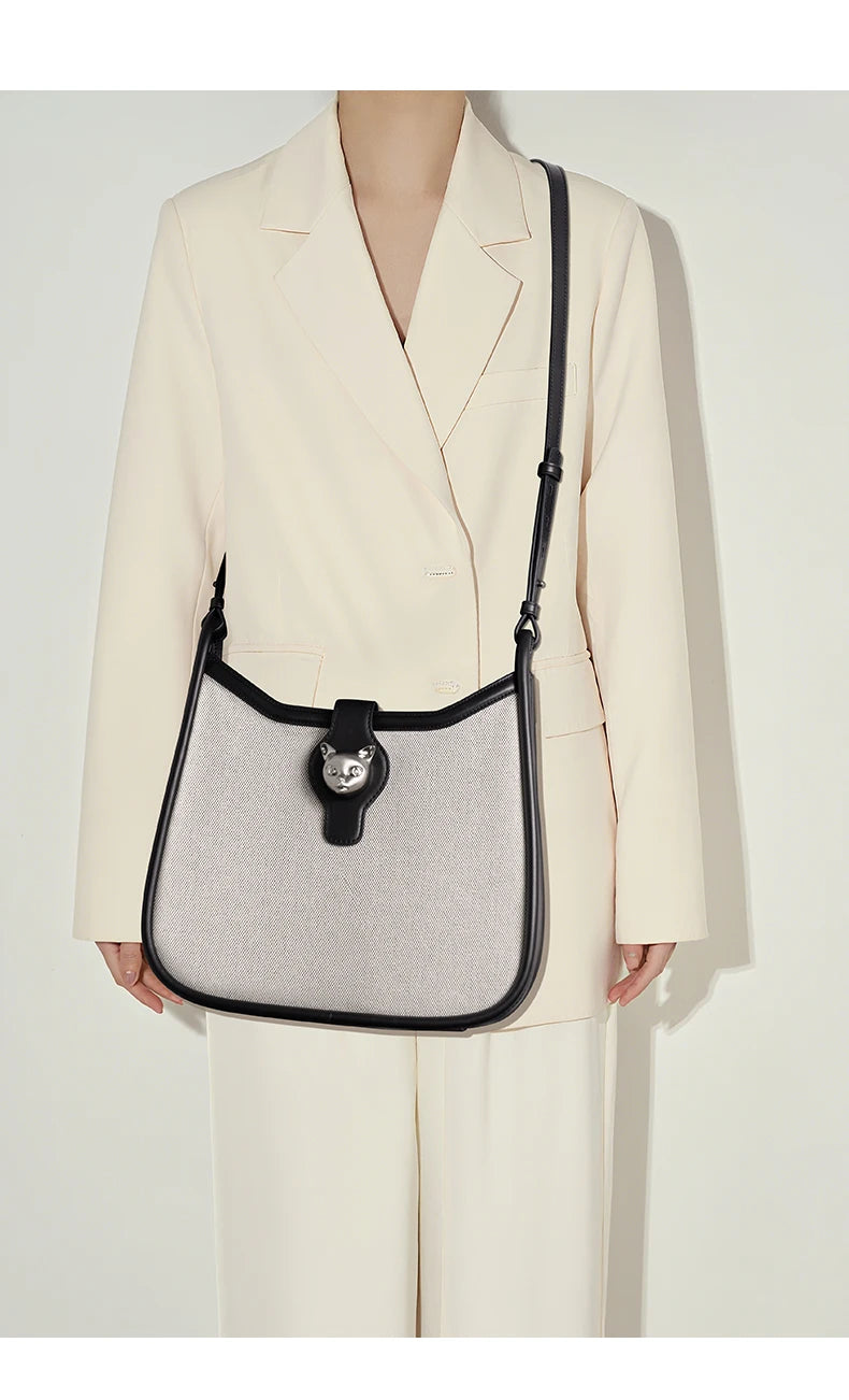 Retro Half Moon Split Leather Messenger Bag with Lock