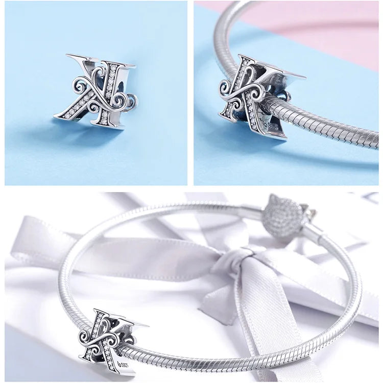 925 Sterling Silver Letter Charm Bead with AAA Zircon