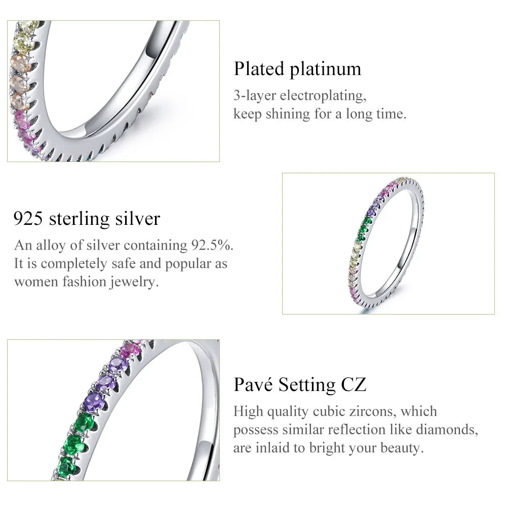 925 Sterling Silver Rainbow Ring with Full Zircons – Stackable and Dazzling