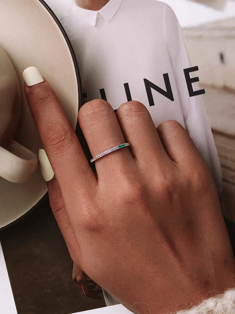 925 Sterling Silver Rainbow Ring with Full Zircons – Stackable and Dazzling