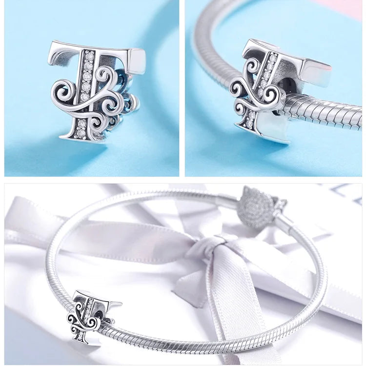 925 Sterling Silver Letter Charm Bead with AAA Zircon