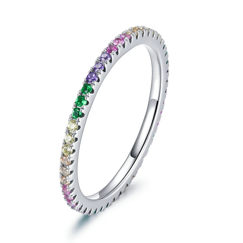 925 Sterling Silver Rainbow Ring with Full Zircons – Stackable and Dazzling