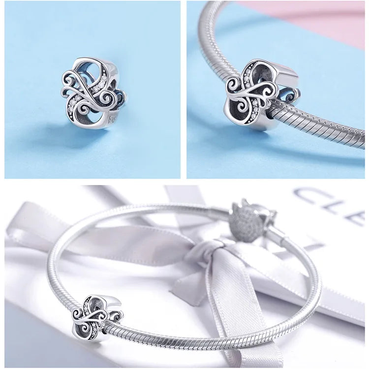 925 Sterling Silver Letter Charm Bead with AAA Zircon