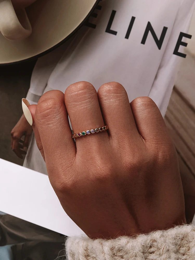 925 Sterling Silver Rainbow Ring with Full Zircons – Stackable and Dazzling