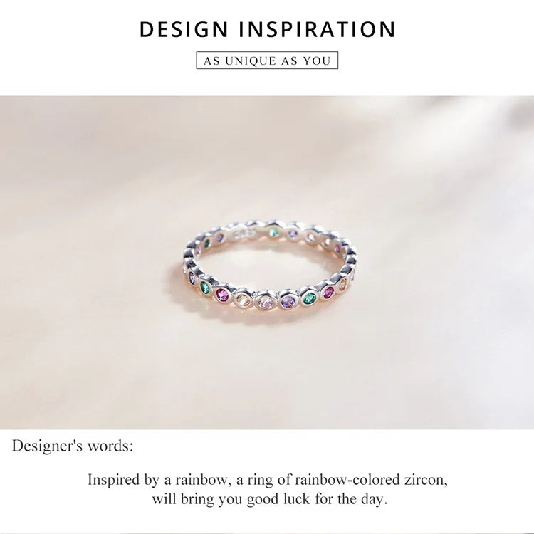 925 Sterling Silver Rainbow Ring with Full Zircons – Stackable and Dazzling
