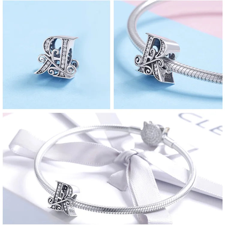 925 Sterling Silver Letter Charm Bead with AAA Zircon