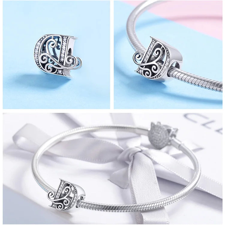 925 Sterling Silver Letter Charm Bead with AAA Zircon