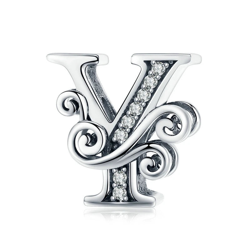 925 Sterling Silver Letter Charm Bead with AAA Zircon