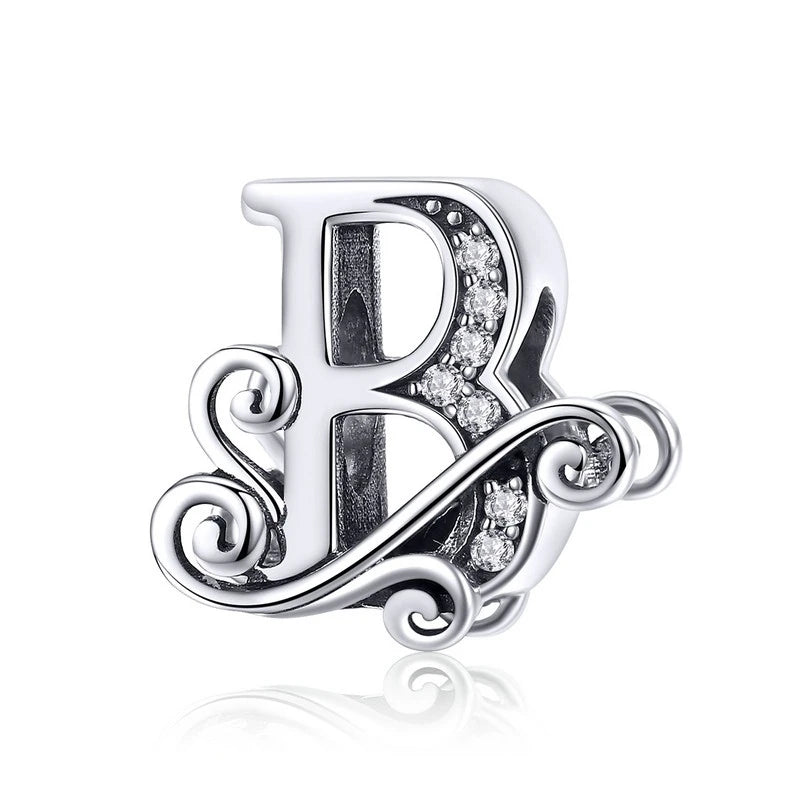 925 Sterling Silver Letter Charm Bead with AAA Zircon
