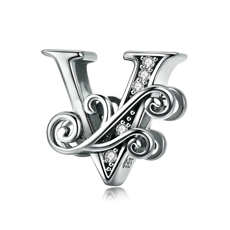 925 Sterling Silver Letter Charm Bead with AAA Zircon