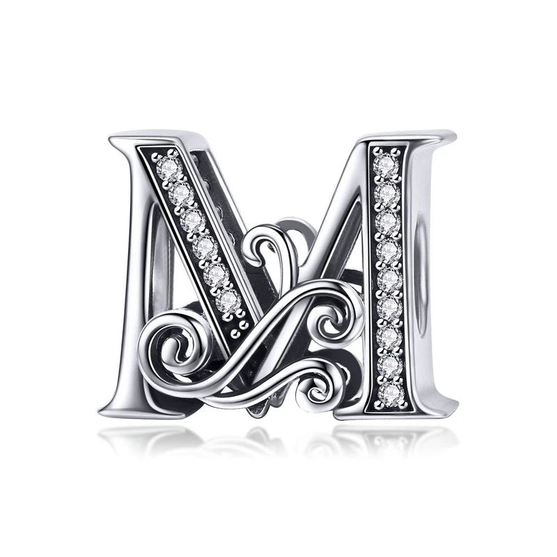 925 Sterling Silver Letter Charm Bead with AAA Zircon