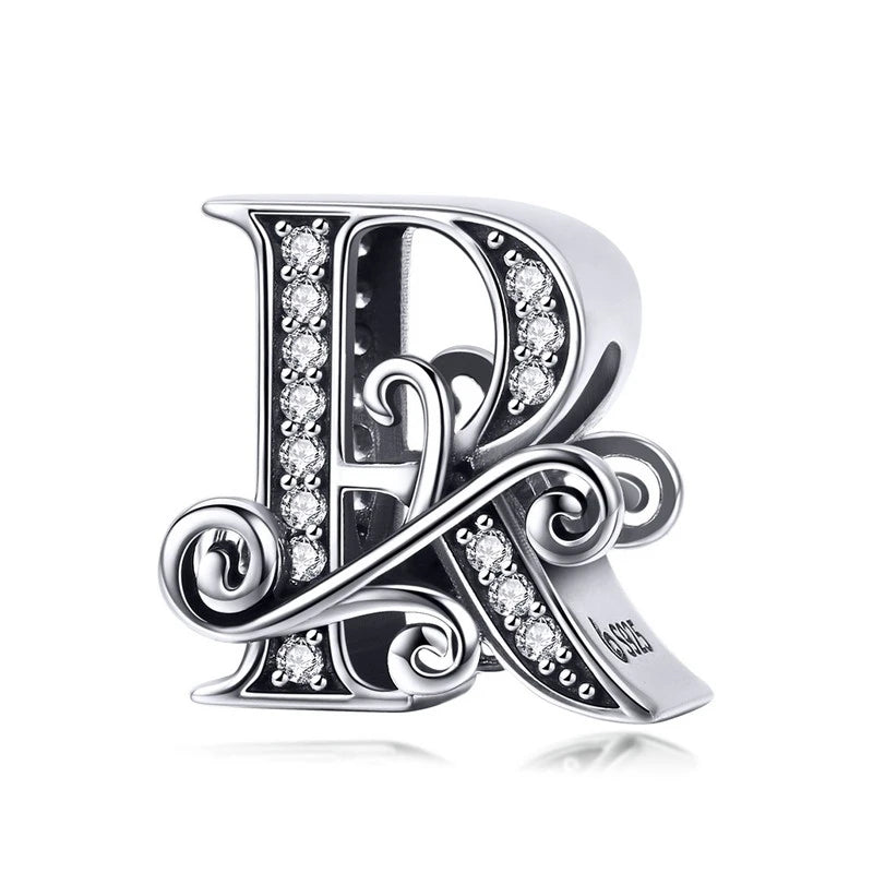 925 Sterling Silver Letter Charm Bead with AAA Zircon