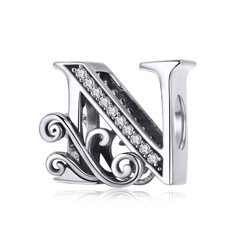 925 Sterling Silver Letter Charm Bead with AAA Zircon