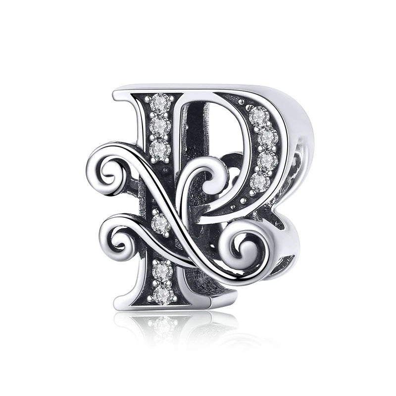925 Sterling Silver Letter Charm Bead with AAA Zircon