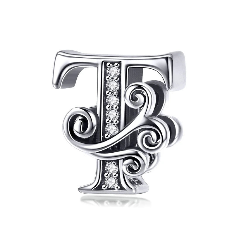 925 Sterling Silver Letter Charm Bead with AAA Zircon