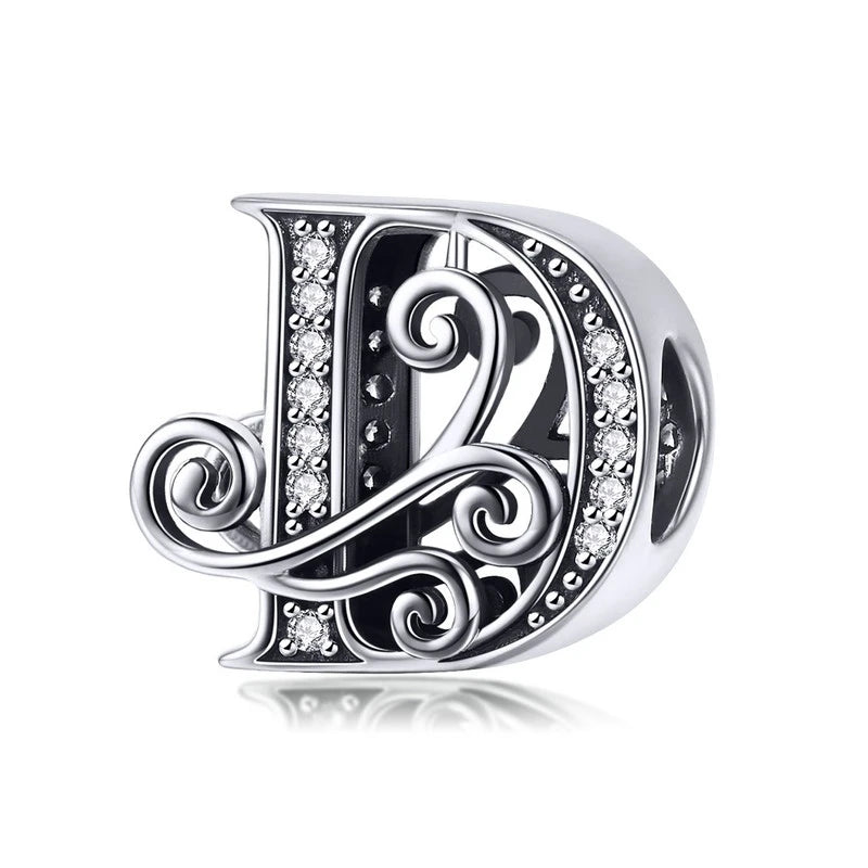 925 Sterling Silver Letter Charm Bead with AAA Zircon