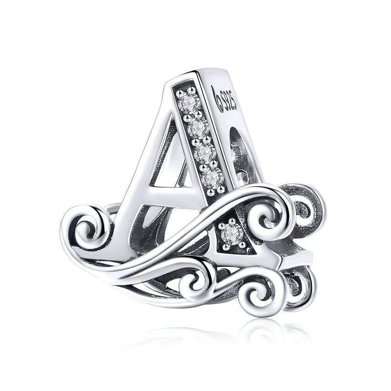 925 Sterling Silver Letter Charm Bead with AAA Zircon