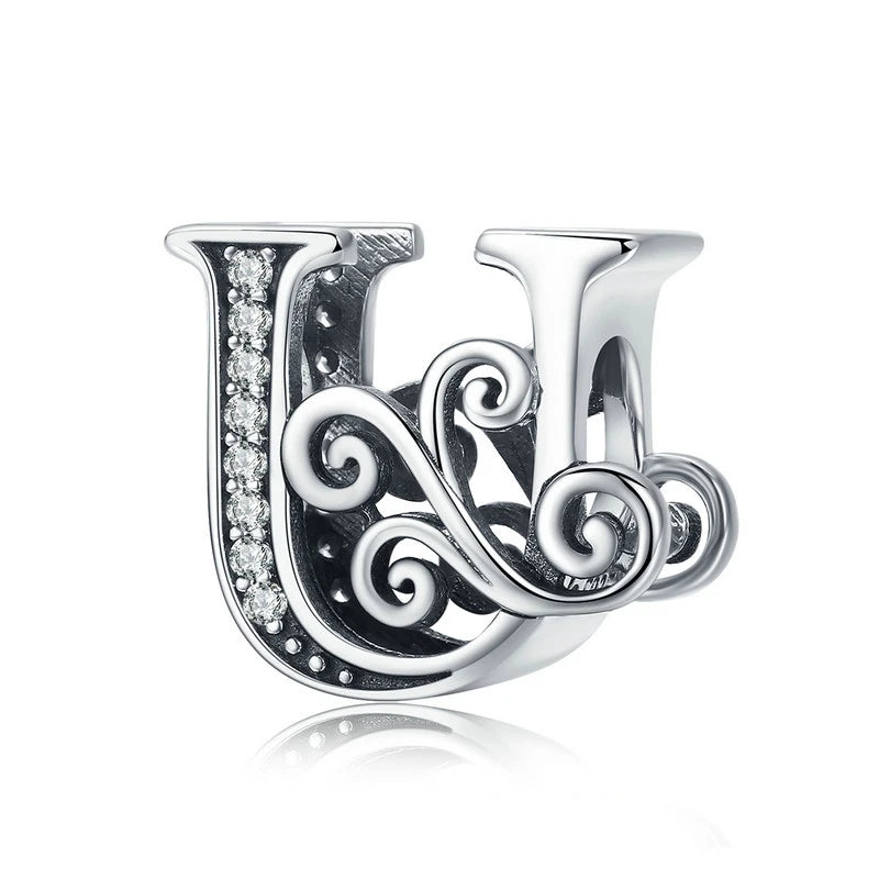 925 Sterling Silver Letter Charm Bead with AAA Zircon