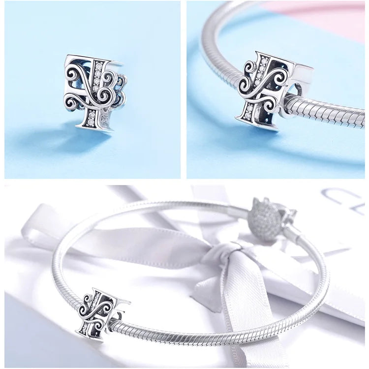 925 Sterling Silver Letter Charm Bead with AAA Zircon