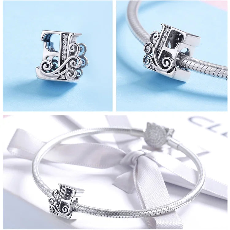 925 Sterling Silver Letter Charm Bead with AAA Zircon