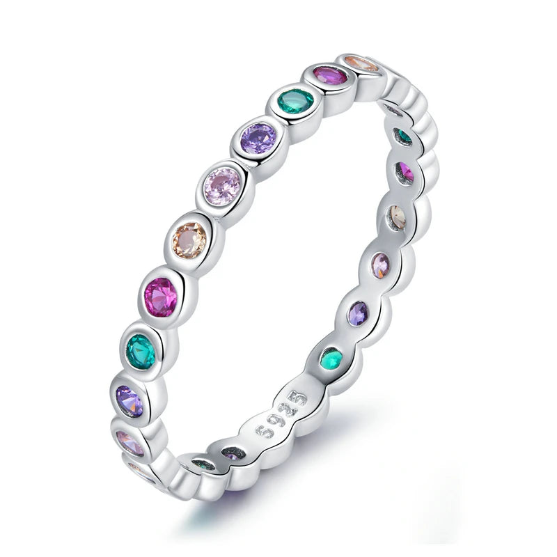 925 Sterling Silver Rainbow Ring with Full Zircons – Stackable and Dazzling