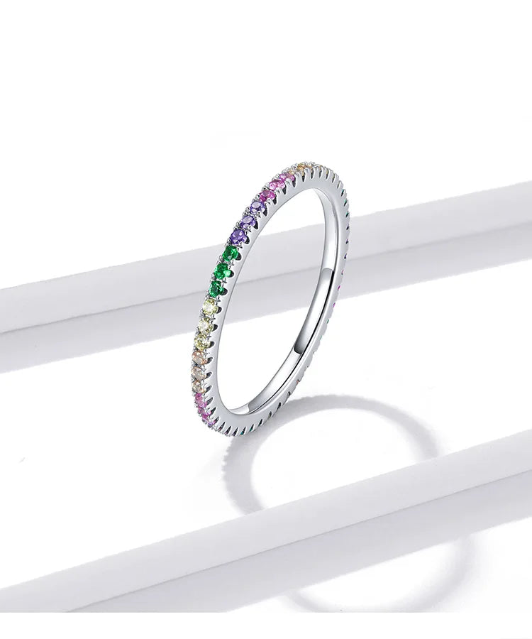 925 Sterling Silver Rainbow Ring with Full Zircons – Stackable and Dazzling