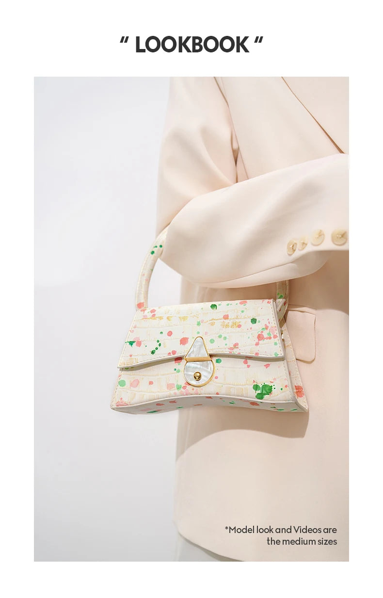 Genuine Leather Half Moon Flap Bag with Floral Pattern