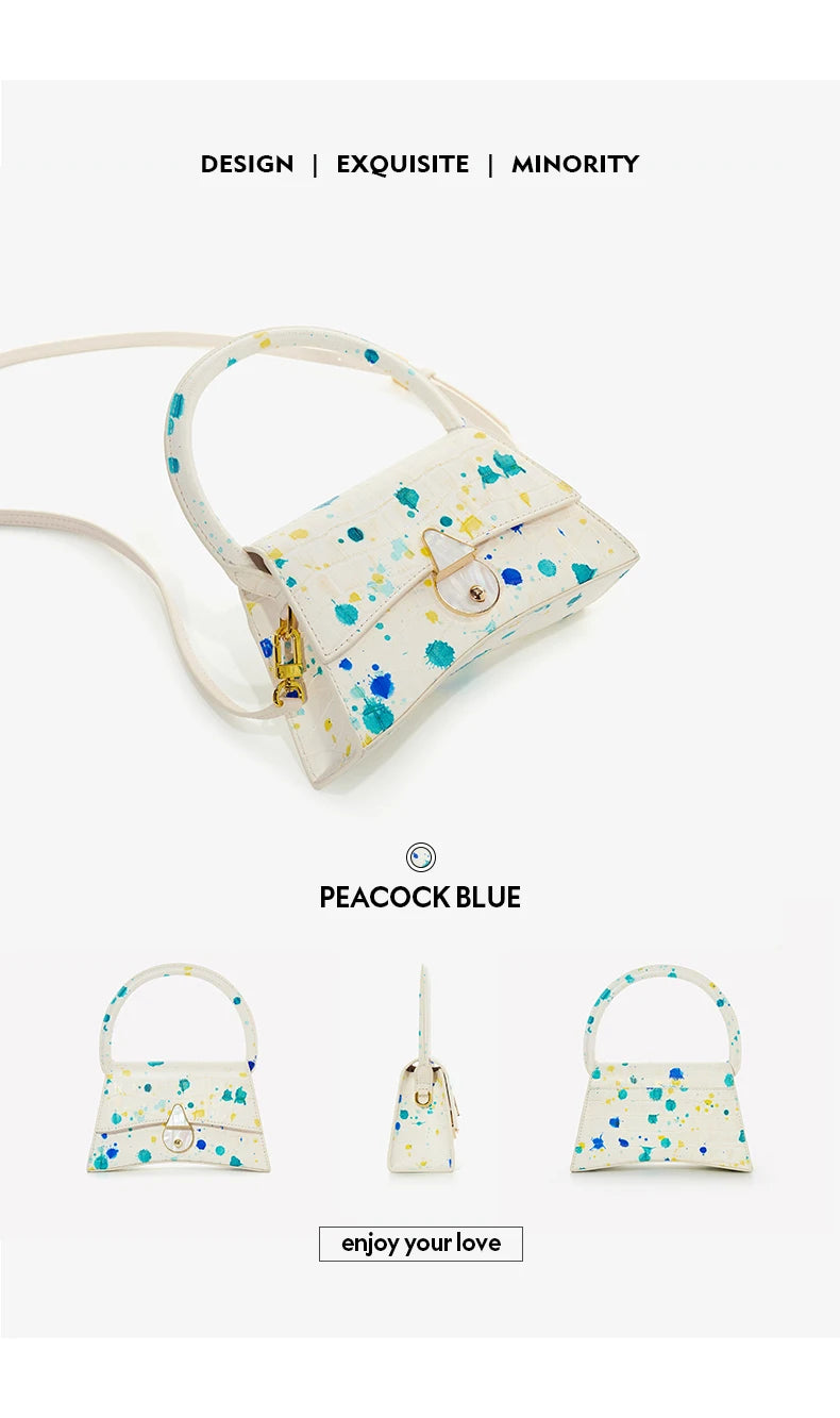 Genuine Leather Half Moon Flap Bag with Floral Pattern