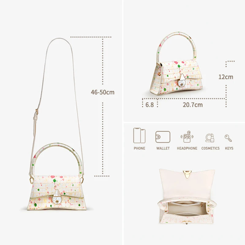 Genuine Leather Half Moon Flap Bag with Floral Pattern