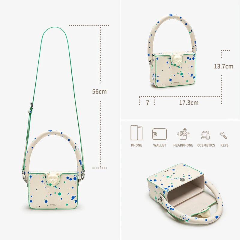 Boxy Genuine Leather Flap Bag – Dot Pattern Cat Design