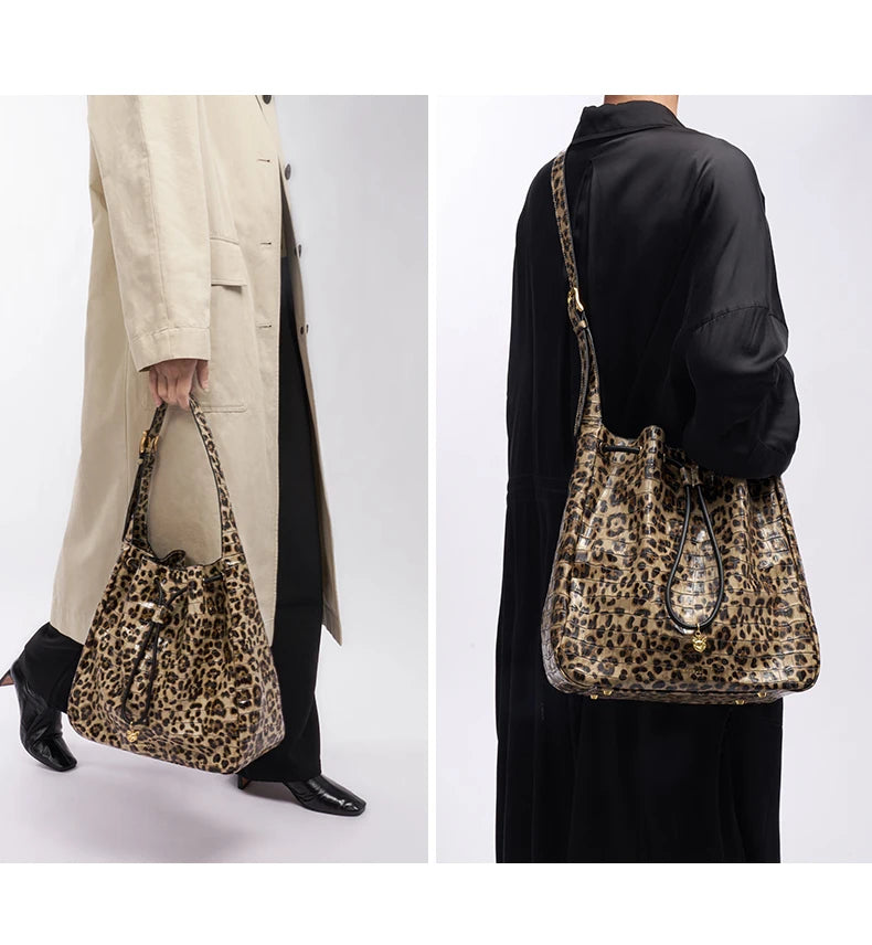 Soft Cowhide Leather Hobo Tote – Leopard Shoulder and Crossbody Bag
