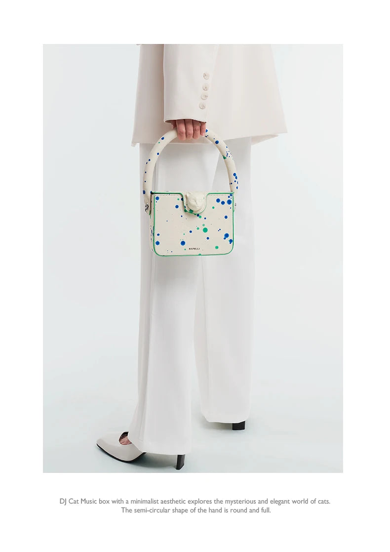 Boxy Genuine Leather Flap Bag – Dot Pattern Cat Design