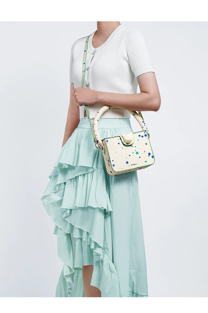 Boxy Genuine Leather Flap Bag – Dot Pattern Cat Design