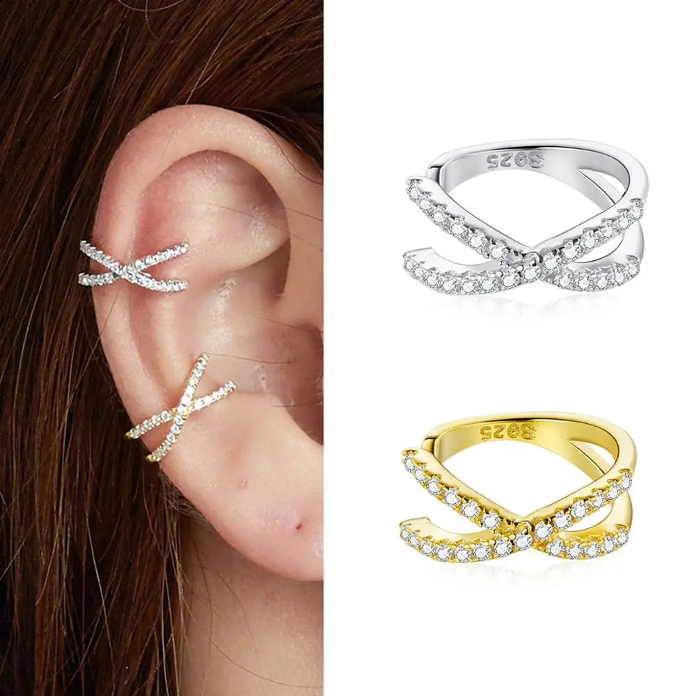 925 Sterling Silver CZ Ear Cuff Clip Earring with Geometric Design