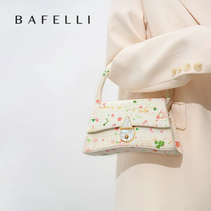 Genuine Leather Half Moon Flap Bag with Floral Pattern