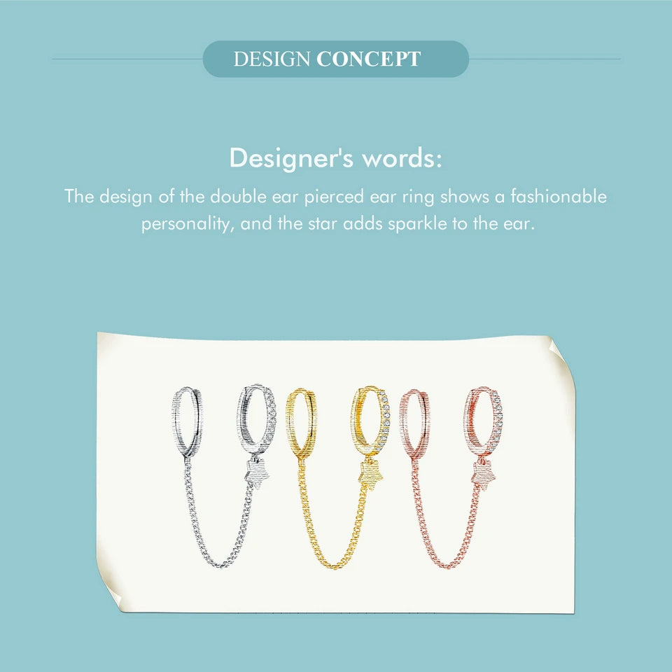 Zircon Stud Earrings with Chain – 925 Sterling Silver Double Hoop