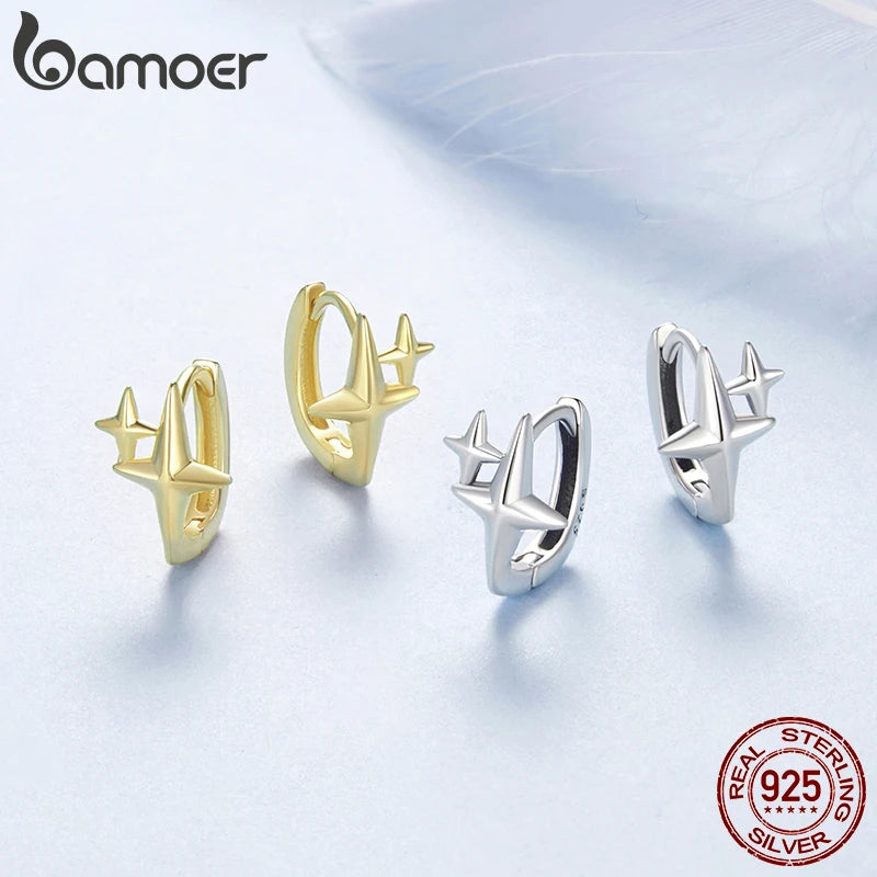 925 Sterling Silver Starlight Hoop Earrings – Minimalist Double Star Huggie