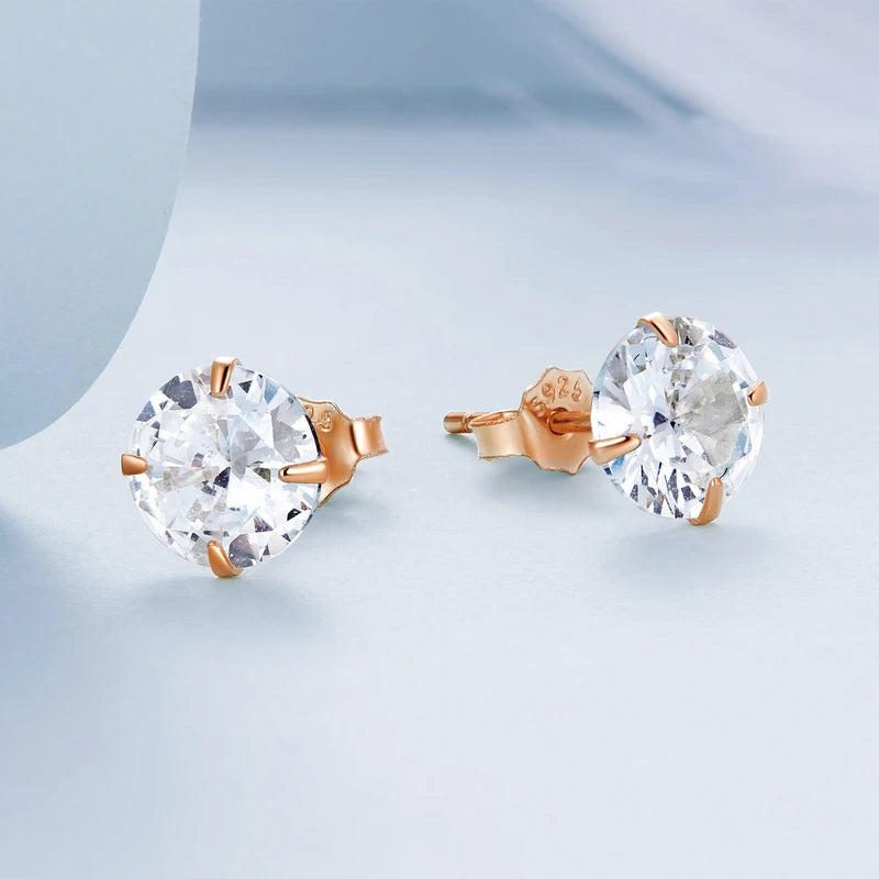 Platinum Plated 925 Sterling Silver Stud Earrings with Round Zircon