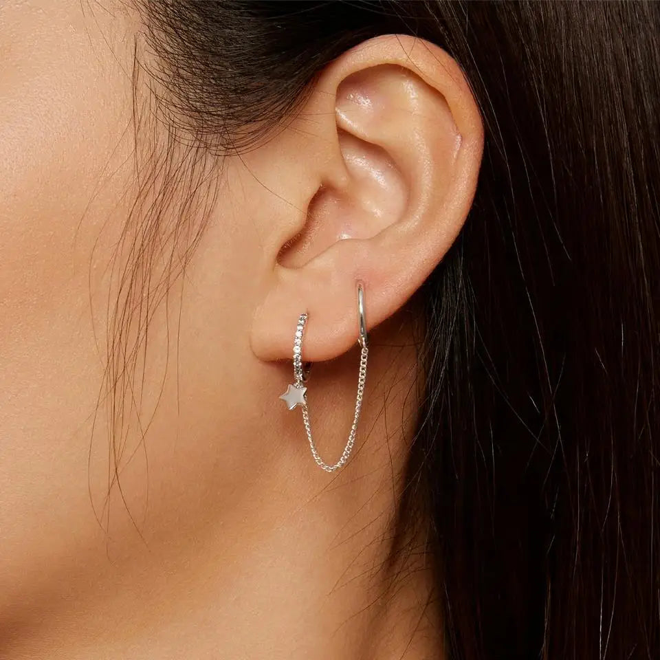 Zircon Stud Earrings with Chain – 925 Sterling Silver Double Hoop