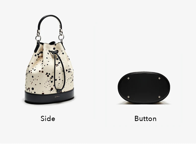 Genuine Leather Bucket Bag – Dot Pattern Drawstring