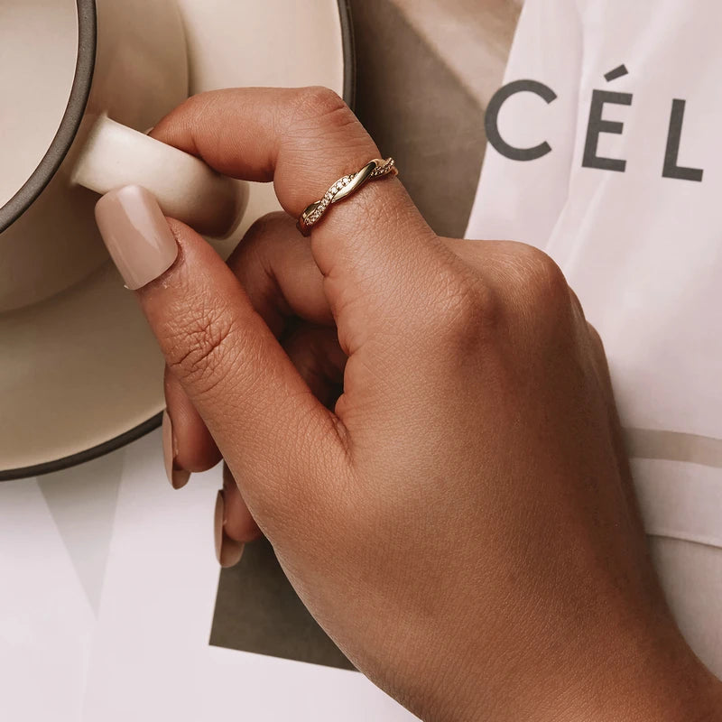 Elegant Twisted Zircon Eternity Ring – 925 Sterling Silver and 14K Gold Plated