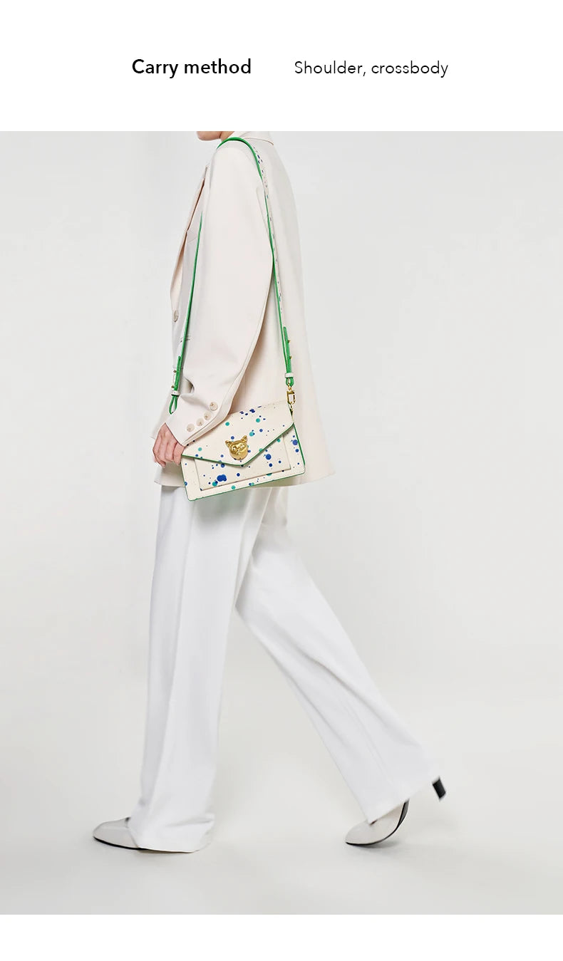 Genuine Leather Floral Flap Bag with Hasp Closure