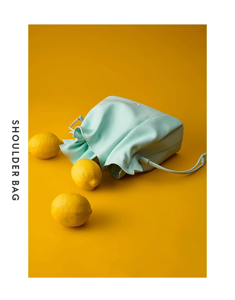 Genuine Leather Bucket Bag – Soft Casual with Open Pocket