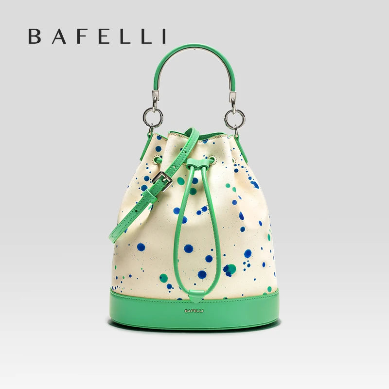 Genuine Leather Bucket Bag – Dot Pattern Drawstring