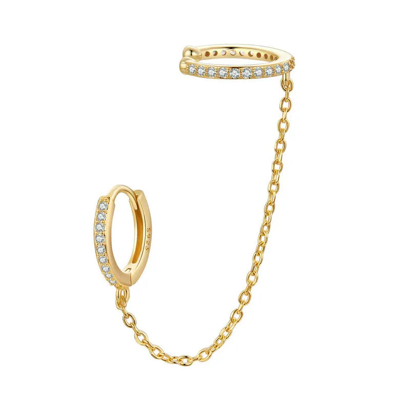 Zircon Stud Earrings with Chain – 925 Sterling Silver Double Hoop