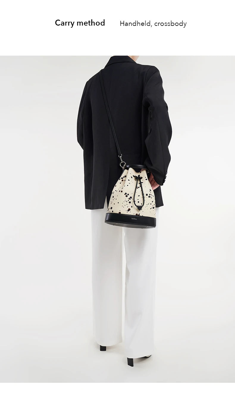 Genuine Leather Bucket Bag – Dot Pattern Drawstring