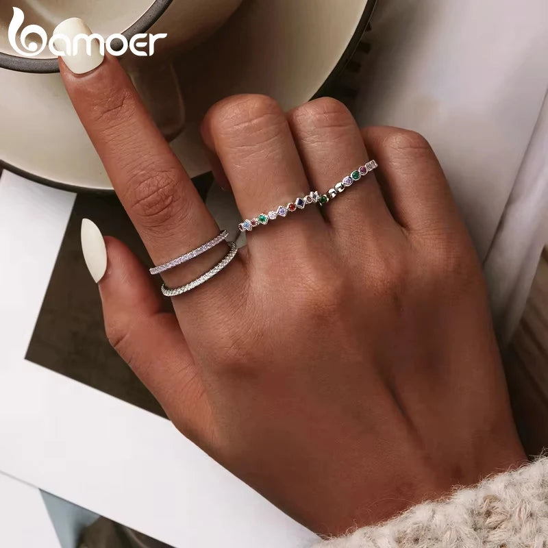 925 Sterling Silver Rainbow Ring with Full Zircons – Stackable and Dazzling