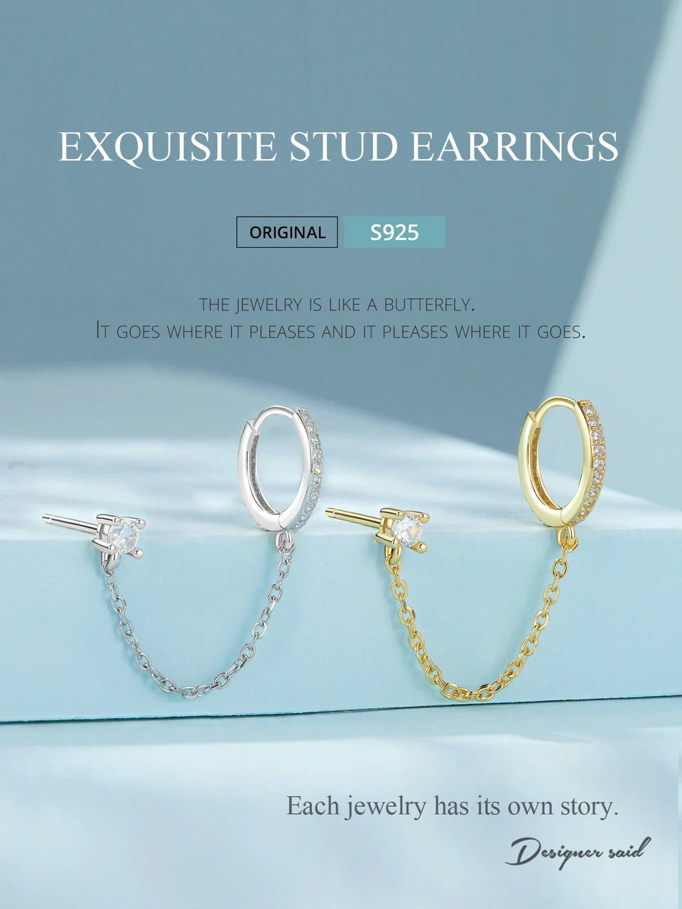 Zircon Stud Earrings with Chain – 925 Sterling Silver Double Hoop