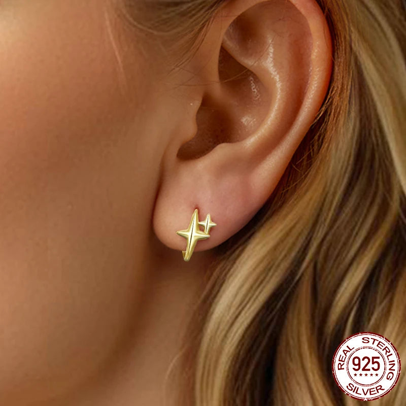 925 Sterling Silver Starlight Hoop Earrings – Minimalist Double Star Huggie
